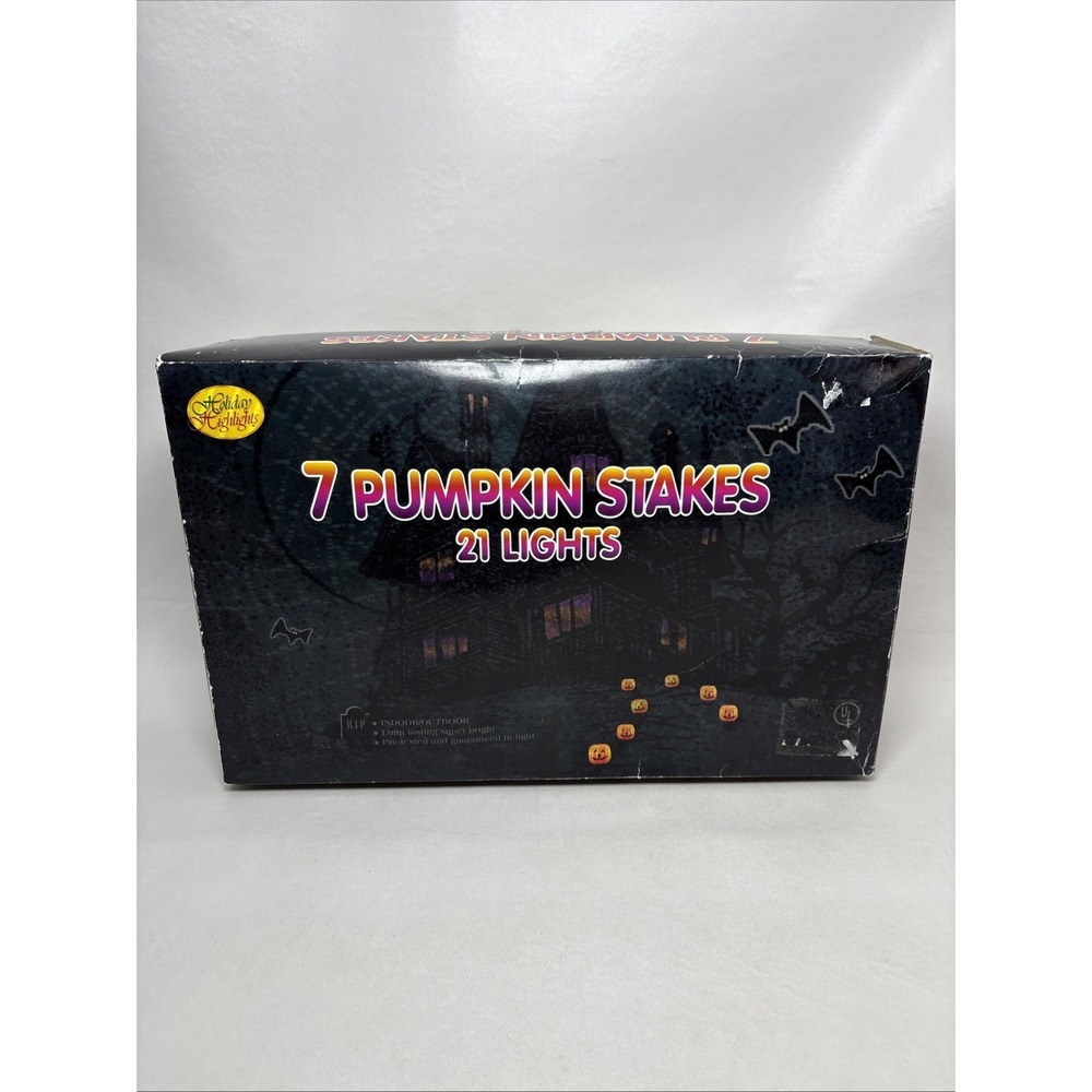 Vtg 90's Halloween Blow Mold Pumpkins 7-Stakes 21-Lights Holiday Highlights NOS